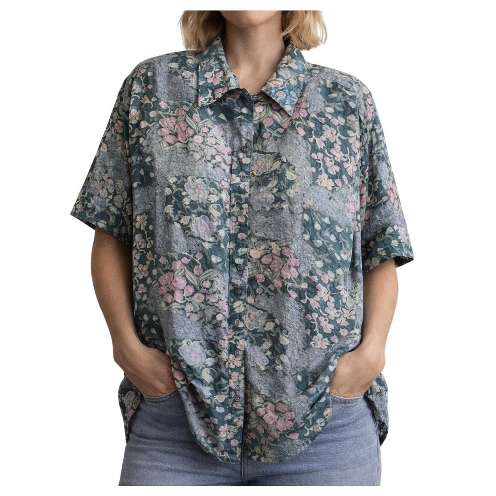 Vtg Stunt Collections Womens 100% Silk Blouse Sz Large Dark Floral Y2K 90s Shirt
